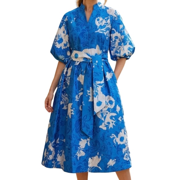 N BY NANCY Dresses & Skirts - A355  Nancy Cottagecore Luxe Blue Floral Belted Midi Dress Puff Sleeve NWT L